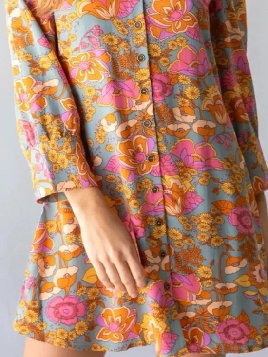 Natural Life Twiggy Vibrant Floral Button-Up Tunic Shirt Dress Pink & Mustard - Picture 4 of 14
